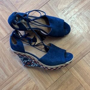 CAbi blue leather Isla Wedge size 9